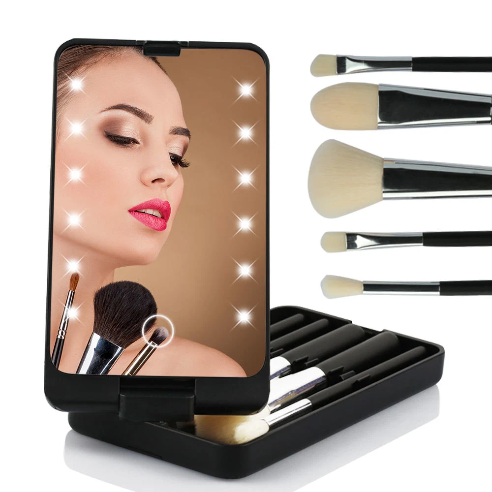 Travel Set Compact Mirror Brushes Makeup Mirror Brush Set with LED Lights