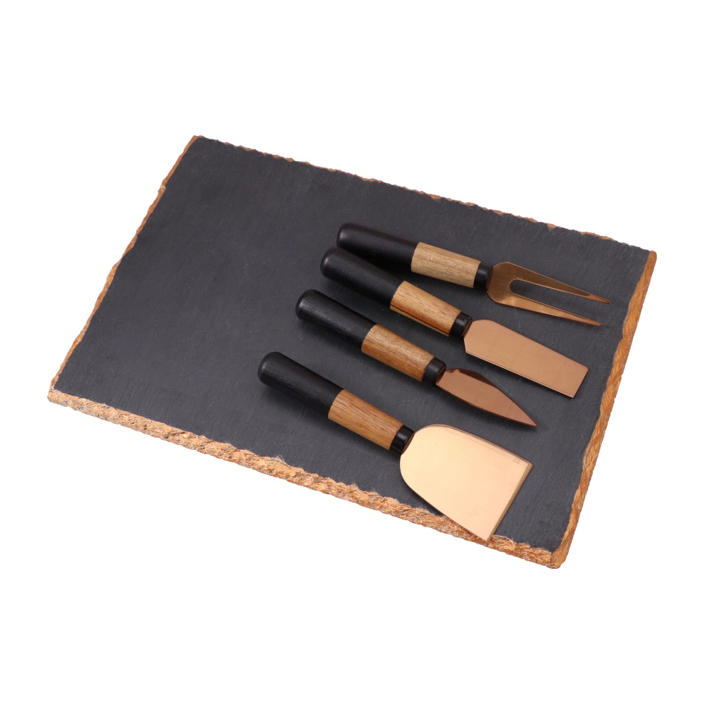 Plato de servir de pizarra de piedra negra de lujo Gold Edge y.. 4pcs cuchillas de queso de oro rosa