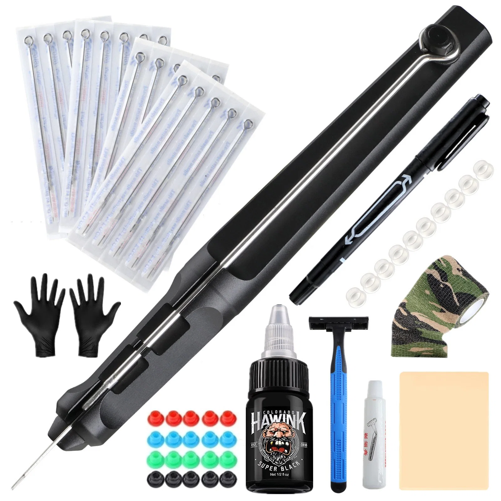 Schwarze traditionelle Tattoo Hand Nadel Kit mit Tinte Nadeln Zubehör Set für Body Art Hand Poke Stick Tattoo Anfänger Praxis