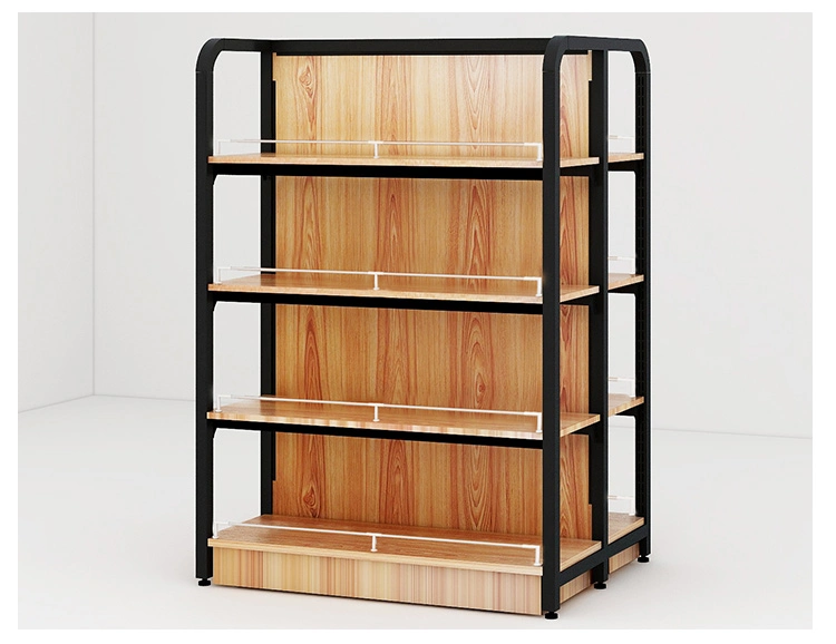 Estante de madera y acero equipamiento de supermercado con estante de madera con caja de luz