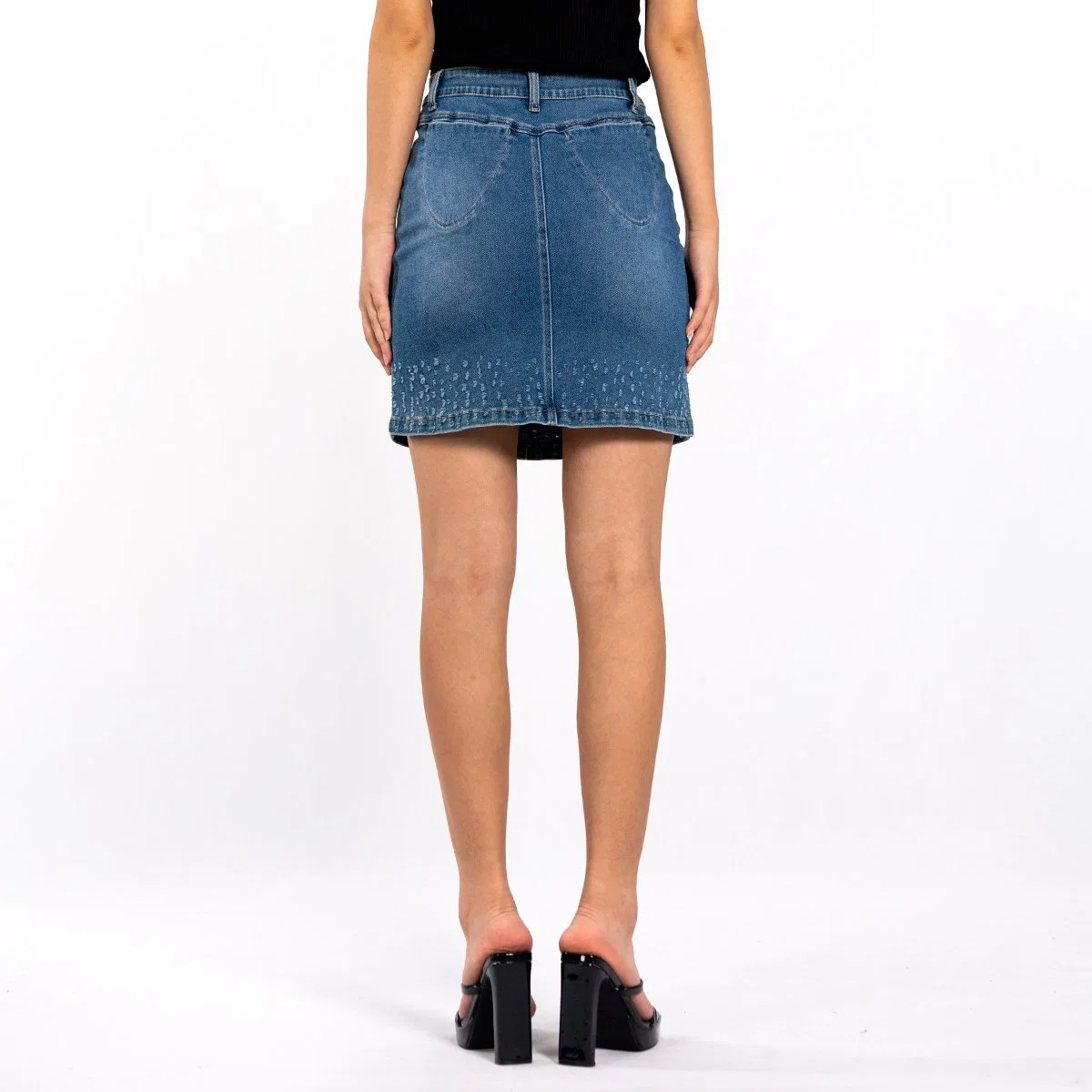 Casual High Waist Irregular Design Crochet Washed Blue Denim Skirt for Women