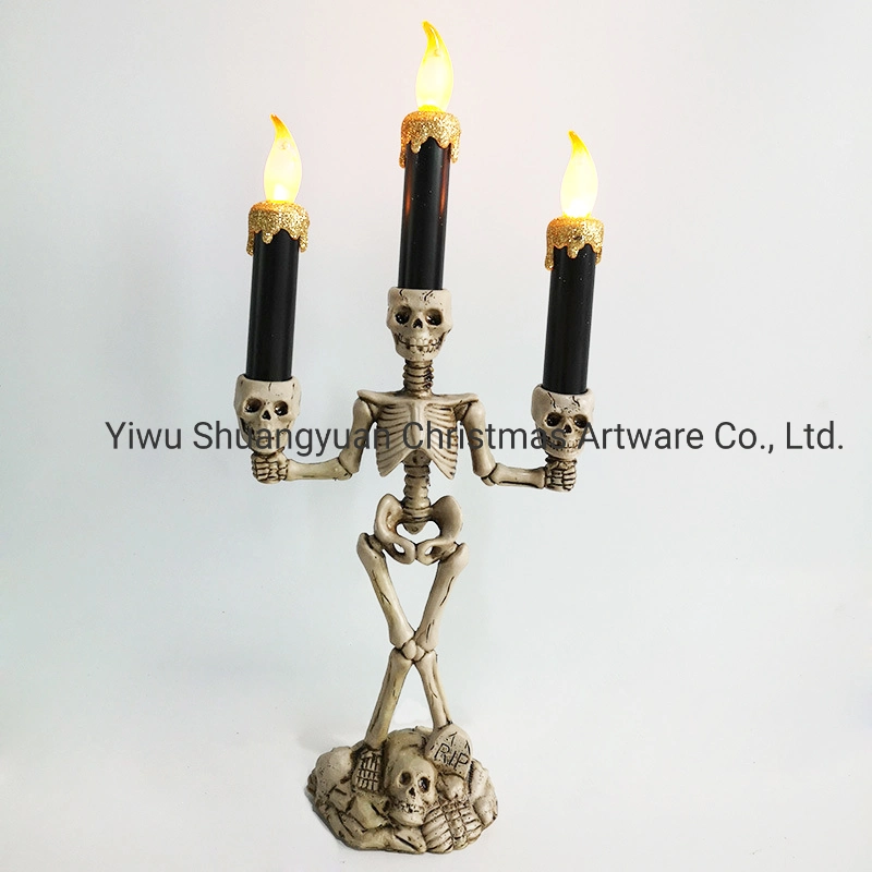 Halloween 3 velas suporte Candelabra Skull Skeleton Mesa Candlestick Home LED de decoração velas