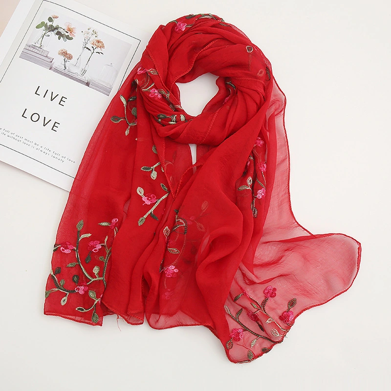 New Fashion Spring Summer Sunscreen Embroidered Chiffon Hijab Elegant Custom Plain Color Lady Scarf