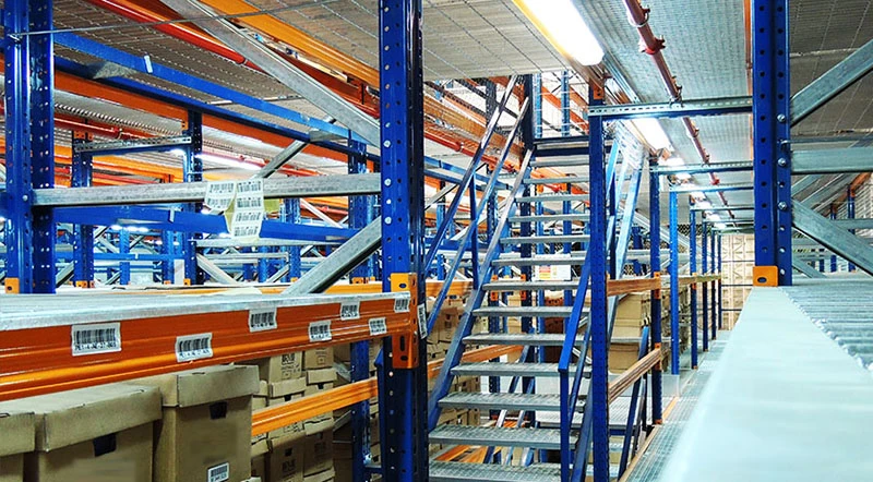 Steel Platform Raised Mezzanine Metal Steel Racks Multi-Tier Bolted Shelving with Staircase & Handrail Bracing for Industrial Warehouse Storage Racks