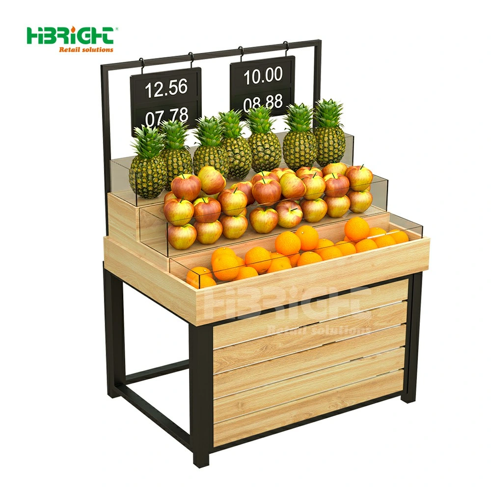 High Capacity Three-Tiers Steel Wood Supermarket Vegetable Display Rack with Acrylic Box