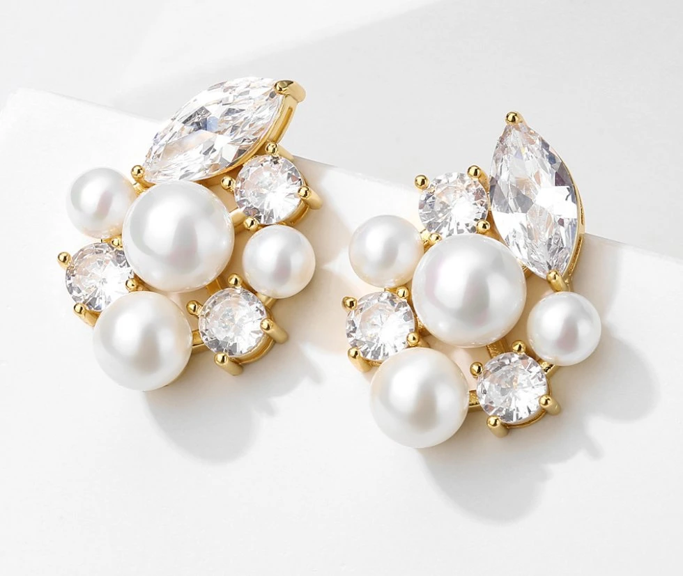 Pearl CZ Earring Stud. Bridal Wedding Pearl Earring. fashion Accessories