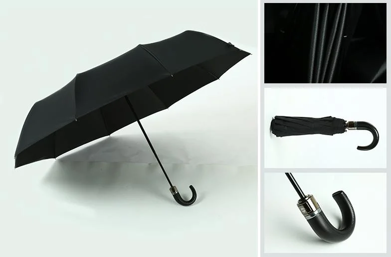 Fully Automatic Leather Bent Handle Three-Fold Umbrella