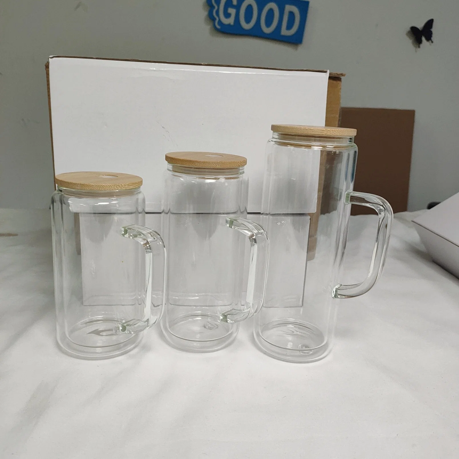 USA Warehouse 12oz 15oz 20oz Transparente leere Sublimationswasserflasche Schneekugel Bier Dose Glas Becher Tasse Glas mit Griff Deckel Und Stroh