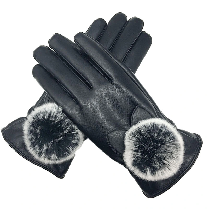 Autumn and Winter Rex Rabbit Fur Ball Imitation Leather Velvet Riding Warm Touch Screen Gloves