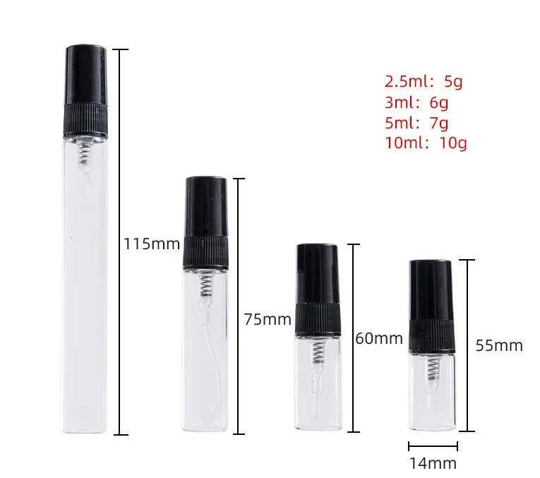 2ml 2.5ml 3ml 5ml 10ml mini bote de Spray pulverizador de perfume de cristal transparente de viajes