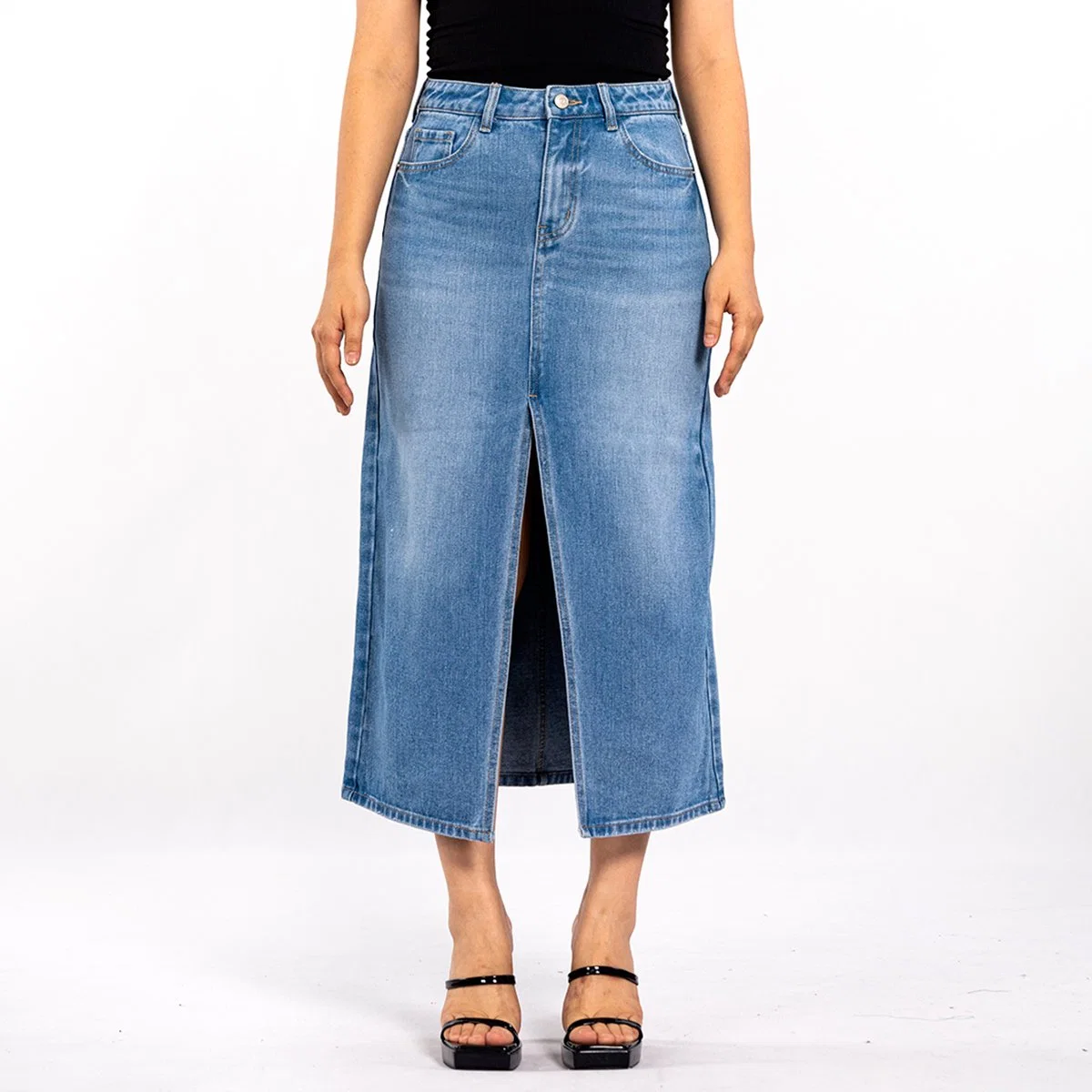 Custom Blue Washed Straight High Waist Split Denim Skirt for Women