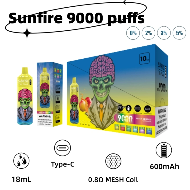 Nouveau stylo Vape jetable Sunfire Tornado 9000 Puffs mesh Coil 18 ml 10 Flavors rechargeable avec un Vape Randm de type C.