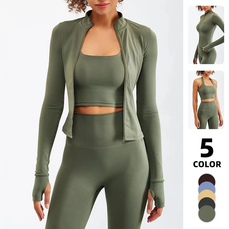 New Premium 2/3PCS Fashion Workout Clothes Ropa De Yoga Fitness Apparel for Women, Halter Neck Sports Bra + Long Sleeve Zipper Jacket + Gym Leggings Tracksuit