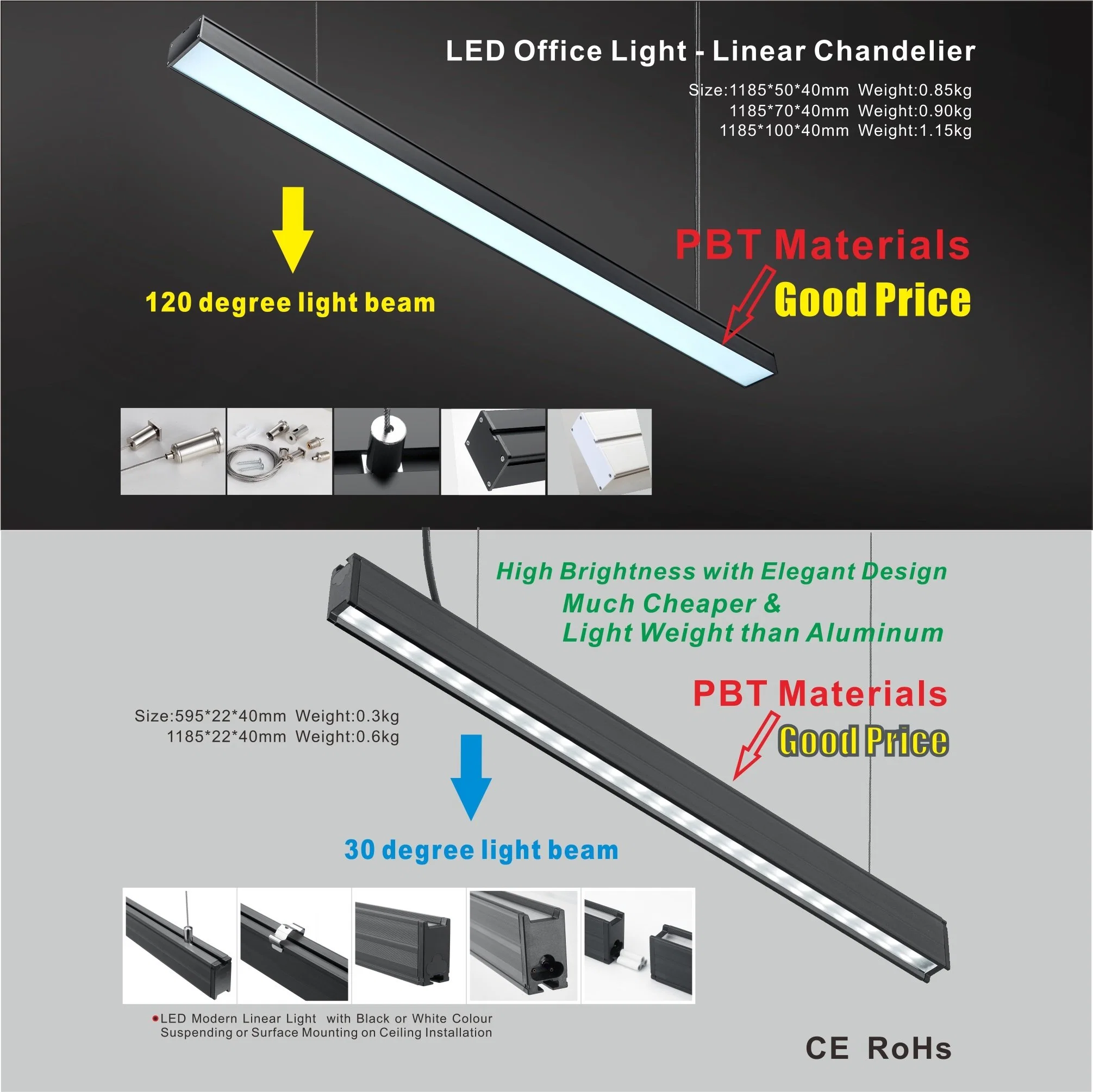 Luz linear LED pendente de batten suspensa no teto montada na superfície da habitação PBT lustre T8 linkável para escritório doméstico, sala de aula, escola e corredor comercial.