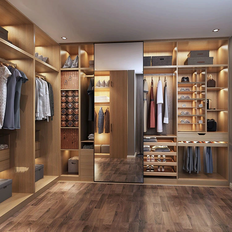 Armario empotrado de madera para dormitorio a medida con diseño de muebles de armario de almacenamiento, moderno y espacioso para ropa, vestidor
