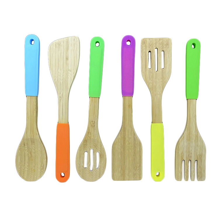 6 PCS Kitchenware Home and Kitchen Cooking Accessories Silicone Bamboo Utensils Set with Silicone Handle