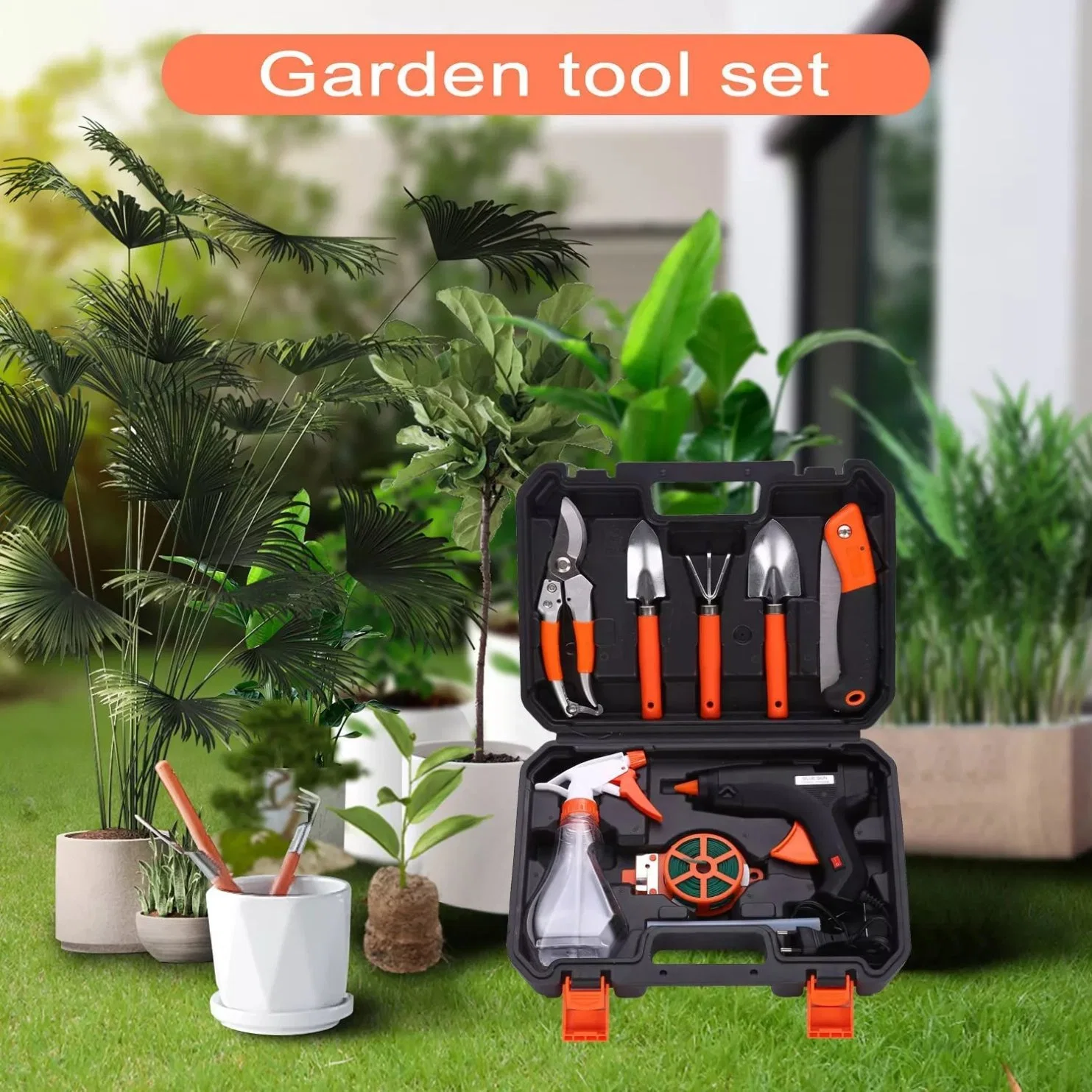 10 PCS Hot Sale Orange Mini Garden Hand Tools Professional and Portable Electric Gardening Tool Set with Carrying Case
