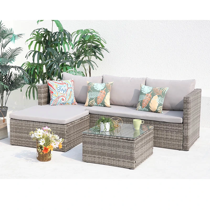 precio de fábrica en forma de L PE Rattan muebles de mimbre al aire libre Jardín Sofá establece