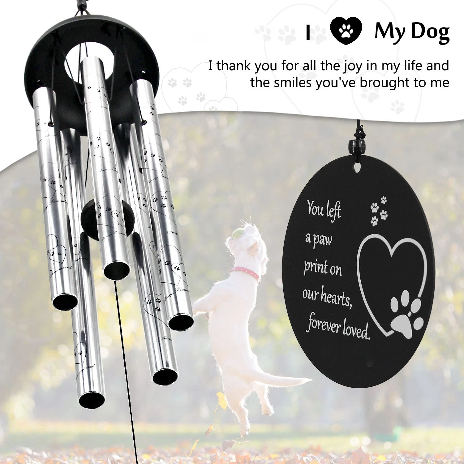 30 Inch in Memory of Lossed Love for Pets Silver 5 Tubes Wind Chimes, Wind Spinner