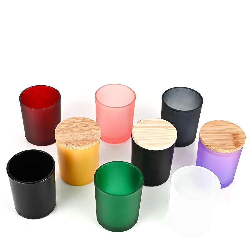 Wholesale Luxury Custom Empty Matte Black Candle Holder Metal Frosted Glass Soy Candles Jars with Wooden Bamboo Lids Colorful
