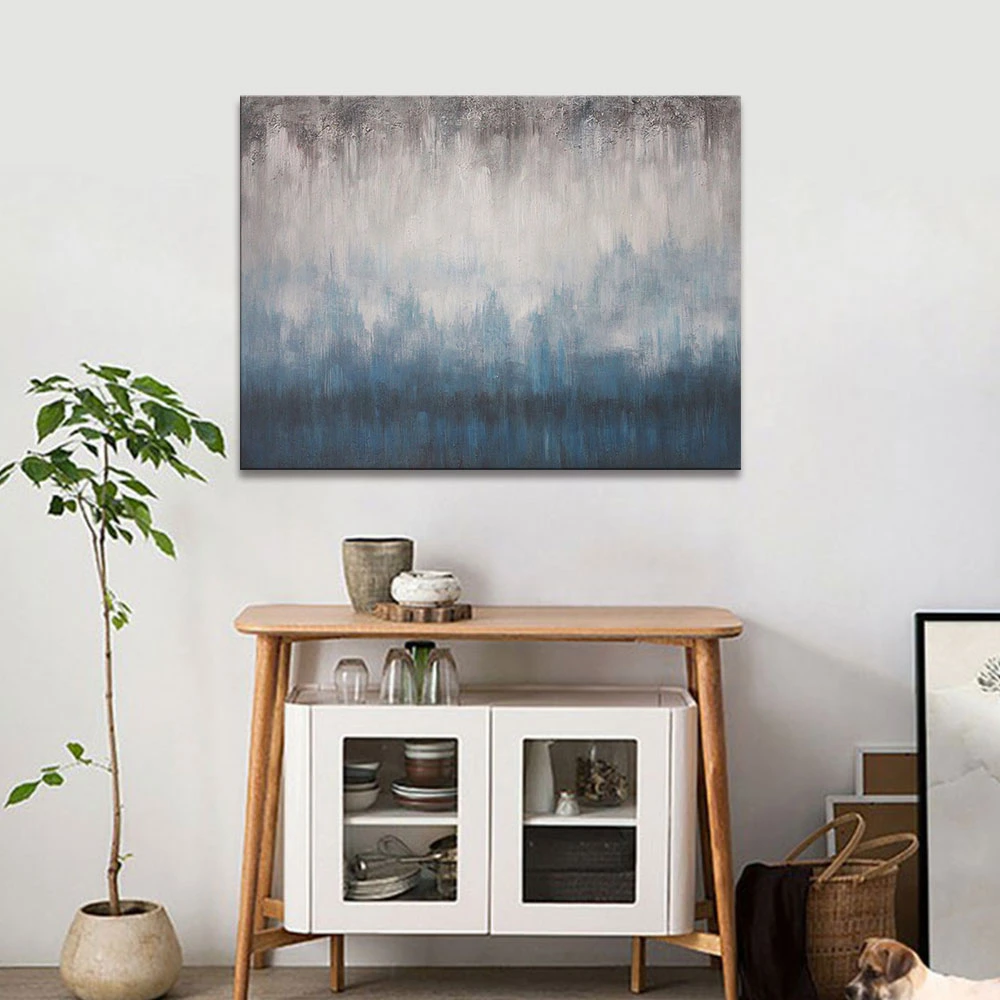 Handmade Modern Blue Gray and White Abstract Oil Paintings for Home Decor