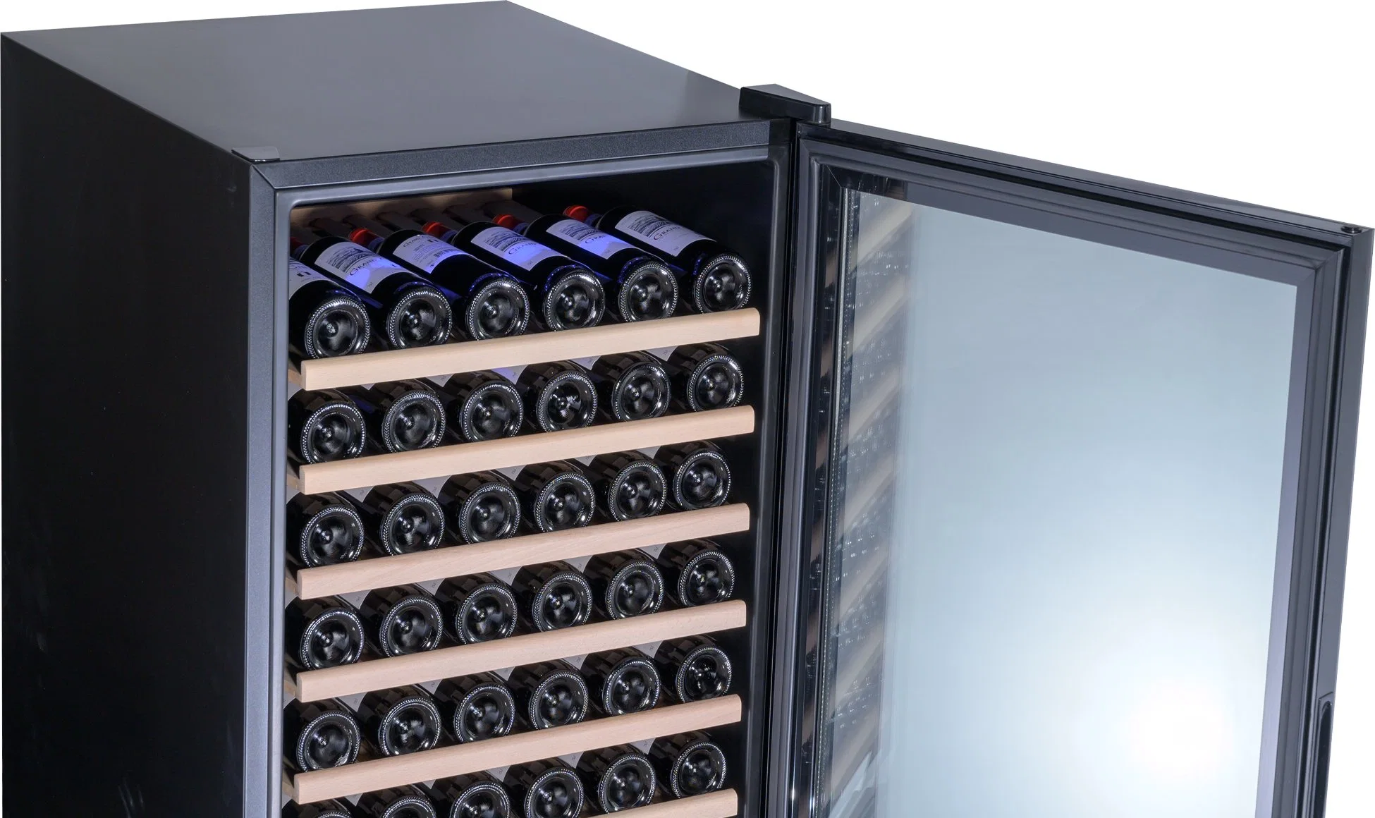 Novo compressor de 155 garrafas Desig de fábrica, prateleiras de madeira Premium Armário de refrigeração de vinhos adega vertical 2 zona