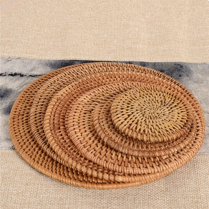 Round Natural Rattan Coasters Bowl Pad Handmade Insulation Placemats Table Cupmats Kitchen Coasters