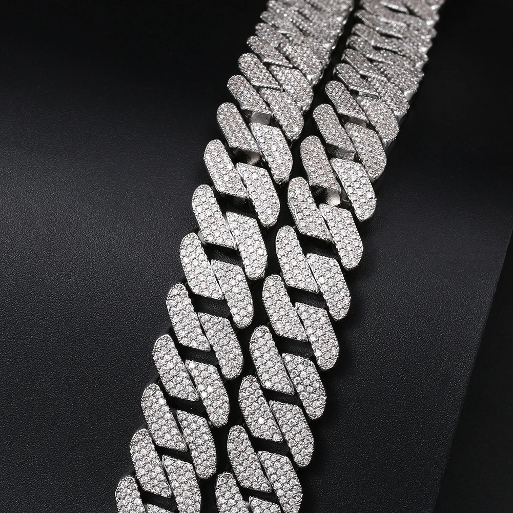 Hip Hop Fashion Jewelry Iced out Cubic Zirconia 925 Sterling Silver or Brass Custom Jewellery Bracelet 14mm Cuban Link Chain Necklace