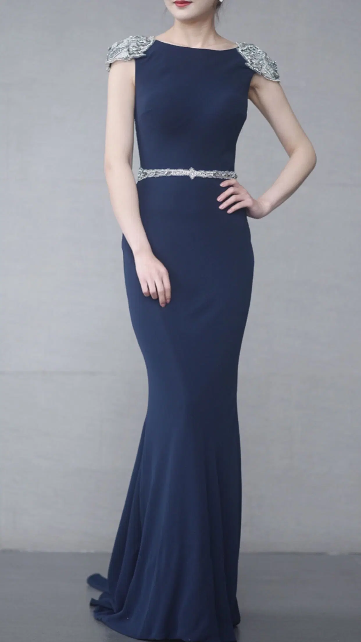 Navy Blue Prom Party Gown Crystals Beading Backless Evening Dress Yao73