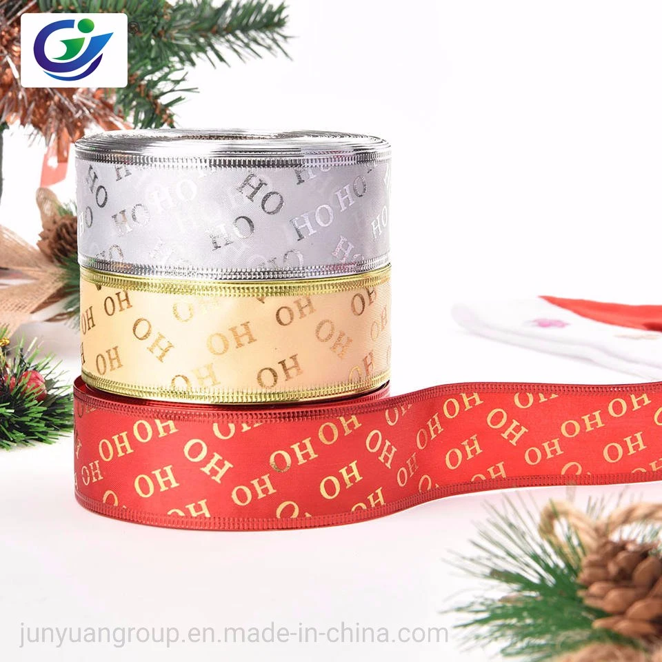 Factory Price Foil Gold Printed Xmas Tree Deer Santa Claus Snowman Grosgrain Stain Ribbon for Packing