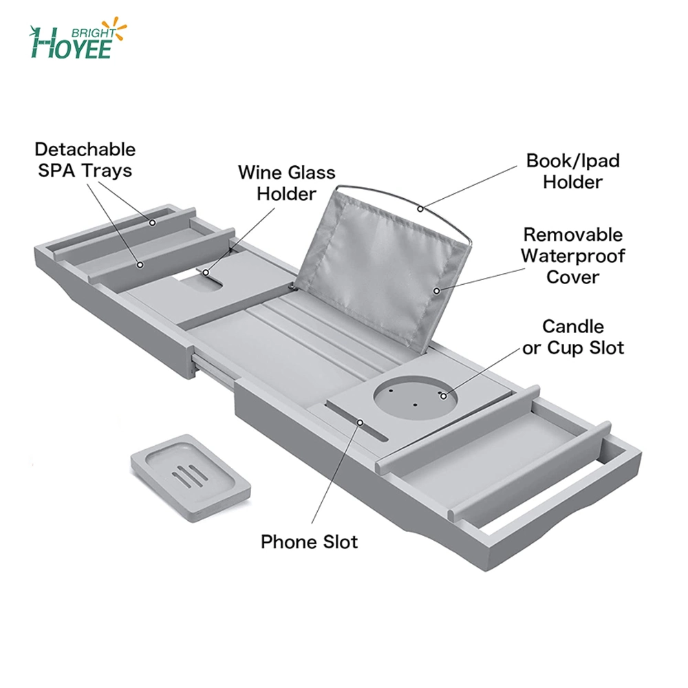 Luxury Bamboo Bathtub Caddy Tray with Book and Wine Holder, Bath Accessories & Bed Tray with Extending Sides, Gray