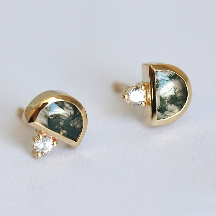 Mousse verte Agate argent oreilles percées pour les femmes de pierres naturelles 925 Stud Earrings Bijoux en argent sterling