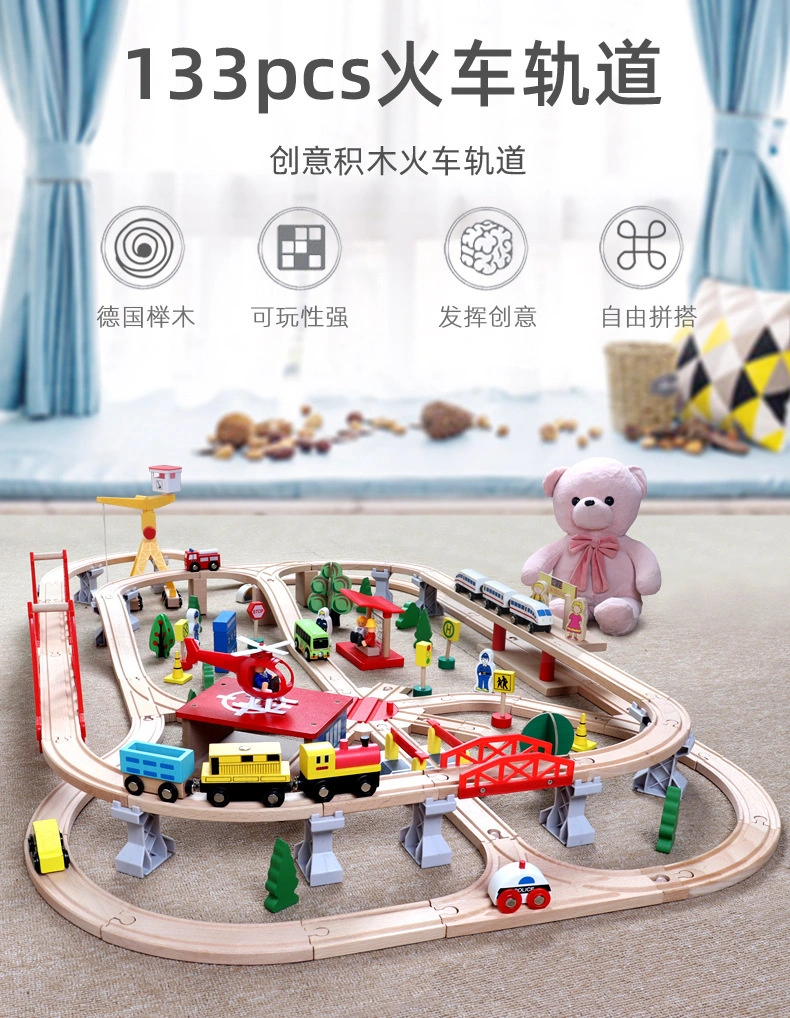 Wooden Educational 133PCS Deluxe Wooden Train Set Trains Track Toys Electric Train Set with Sound Feature Toys for Kids