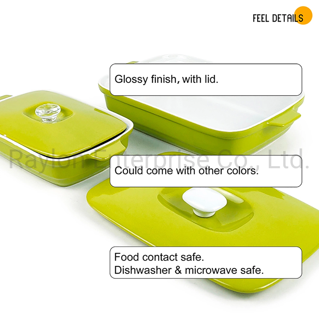 New Design Classic Glossy Finish Solid Color Green Ceramic Bakeware Set with Lid