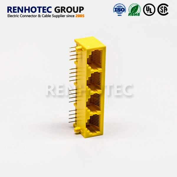 Yellow Colour 4 Port RJ45 Connector for PCB