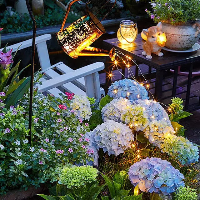 Pátio Big Tree Yard Table Courtyard Garden molhar pode Luz LED de lanterna para pendurar Chaleira efeito de flor Metal Solar