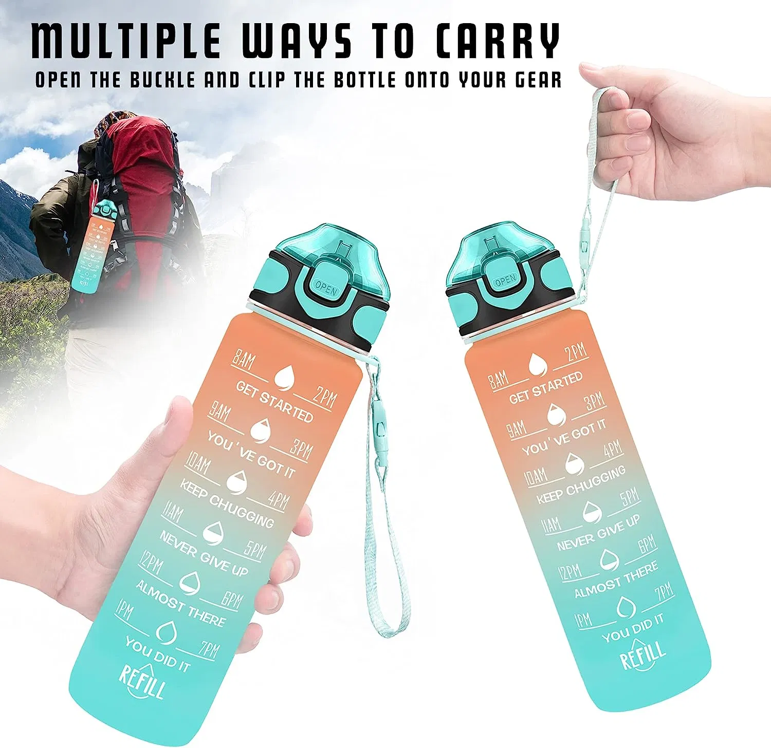 Garrafa de água Gradient Cor Motivational ginásio Fitness Esportes Atacado Hotsale 1 L Camping PC plástico Classic Drinkware adultos