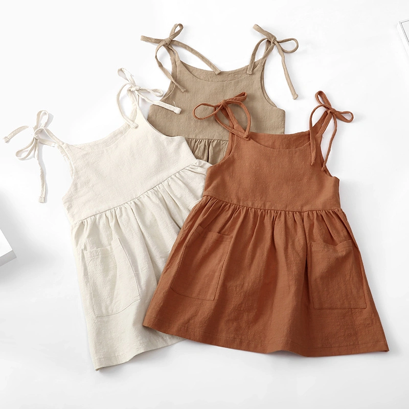 Summer Solid Cotton Linen 2 Side Pocket Suspender Dress