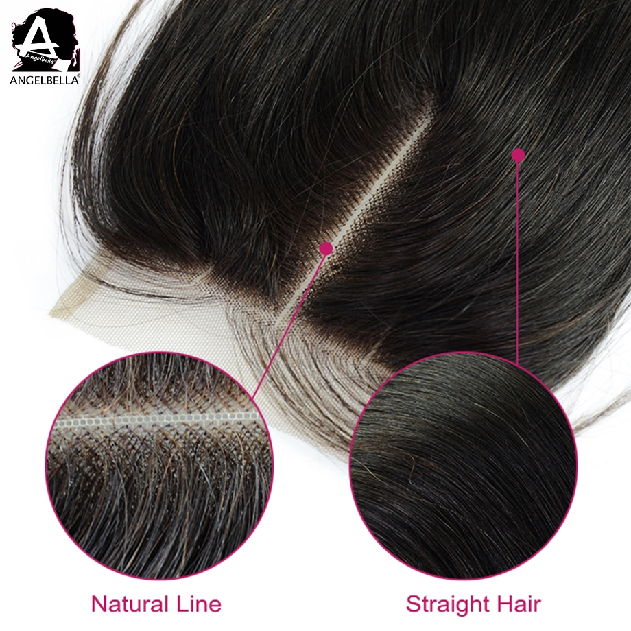 Angelbella Free Parting Bleached Knots Grade 5A Brazilian Closure Piece Straight Hair 4*4 Lace Closure Glue