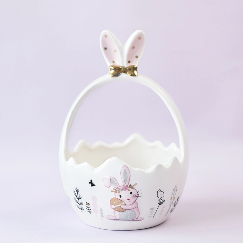 Ostern Cerarmic Craft Easter Egg Holder Korb Porzellan White Bunny Rosa Anhänger Dekoration Süßigkeiten Korb