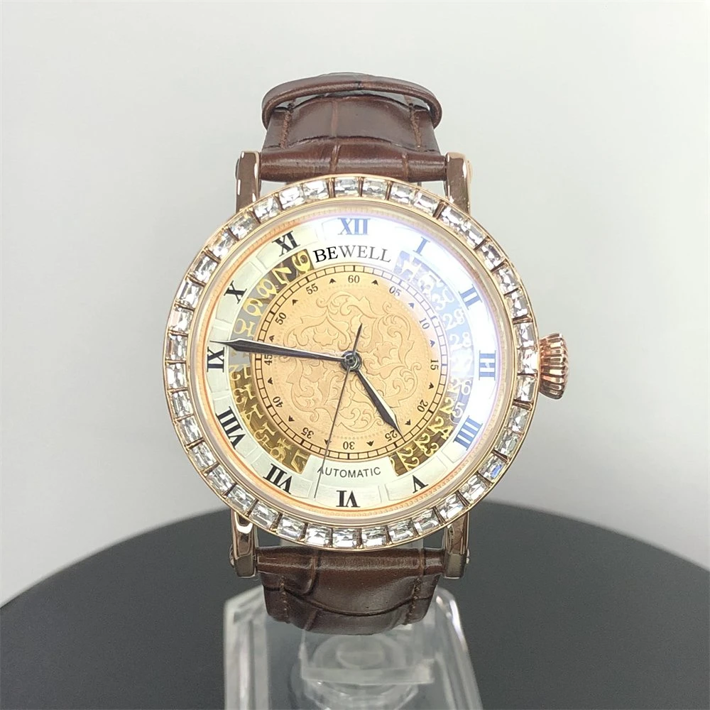 Wholesale Bewell High Quality Diamond Mechanical Mens Zinc Alloy Gold Watches Custom Logo Genuine Leather Strap Automatic Watch for Men