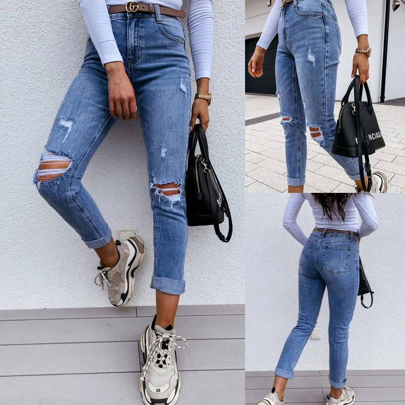 Las mujeres Hot-Sale Ripped Jeans Slim mujer''s la moda Denim Jeans