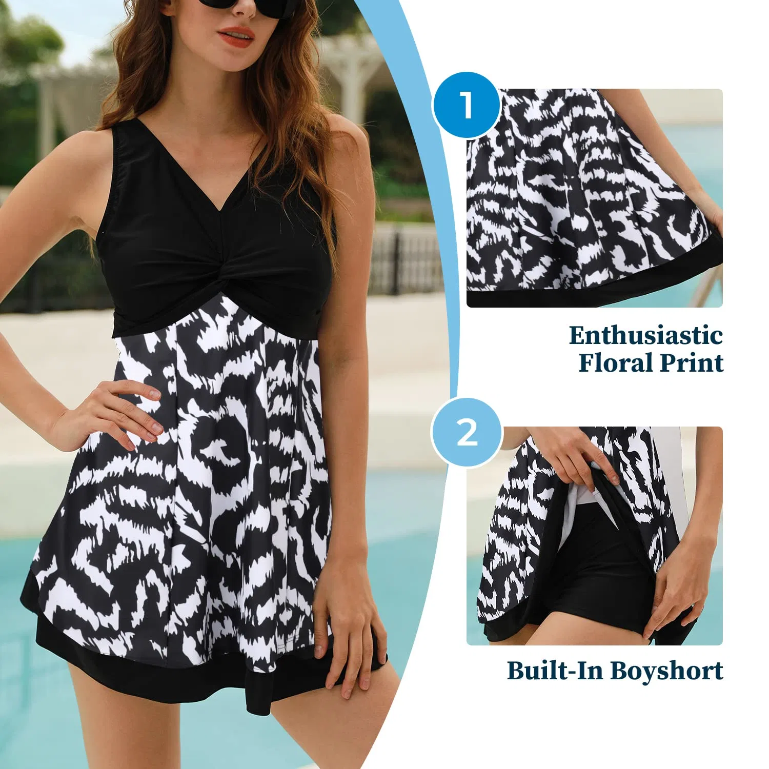 Ladies Plus Size Printing Padded High Waist Swim Dress