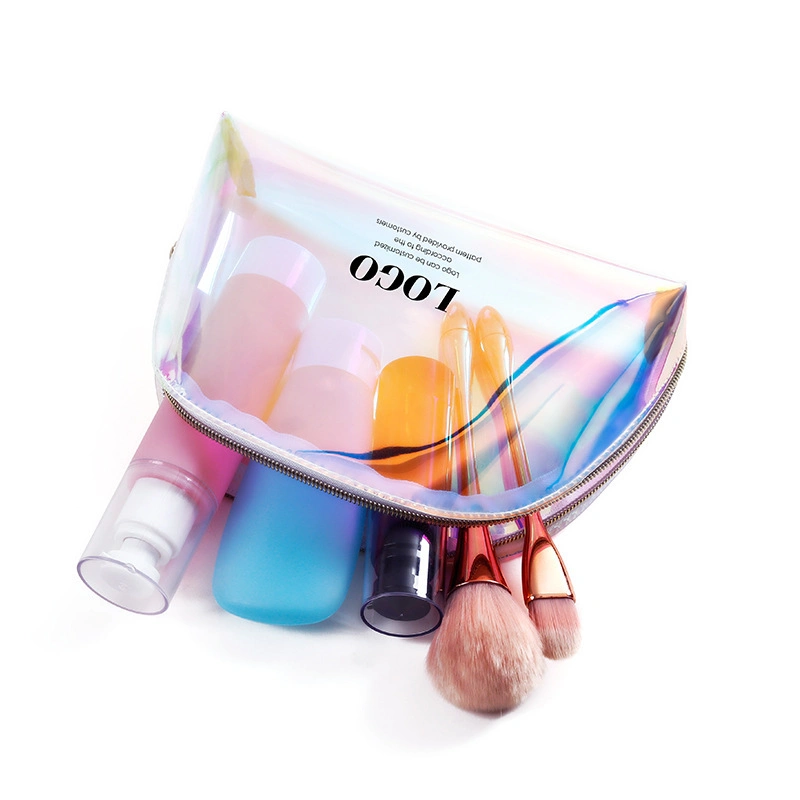 PVC Zipper Women Rainbow Makeup Bag Laser Logo Custom Waterproof Transparent Holographic PVC Cosmetic Bag