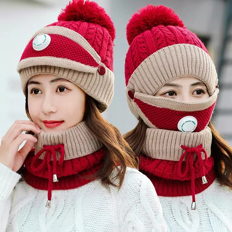 Sombrero de invierno cálido tejido polar bufanda conjunto de la máscara facial gorro con orejeras chica Pom Pom Diseño personalizado tejidos de punto Beanie Hat para las mujeres