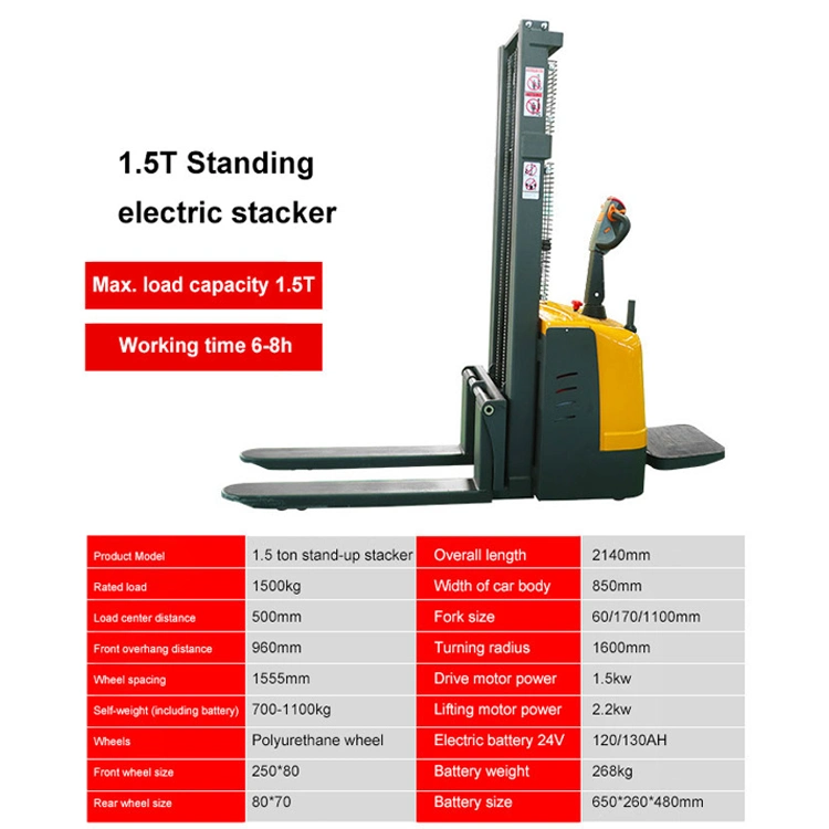 Fully Electric 1.5t Lifting Truck Walking Hydraulic Handling Forklift Stacking Truck 2m 3m Automatic All Balance Electric Stacke