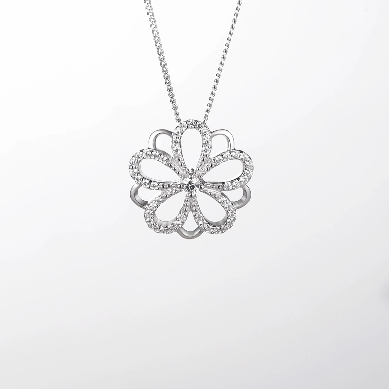 Fsshion Jewelry 925 Sterling Silver Flower Pendant with CZ Stone