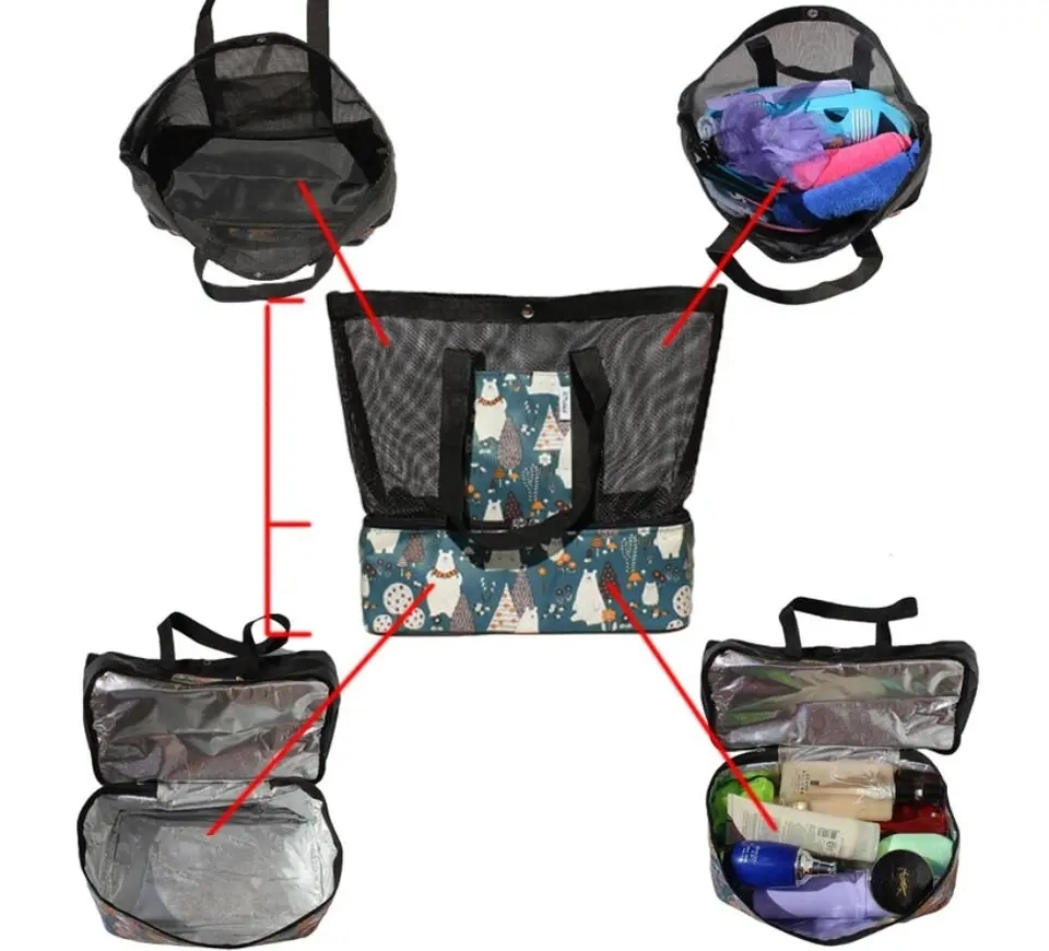 Large Zipper Polyester Reusable Net Pool Outdoor Insulated Travel Tote Mesh Beach Bag with Cooler