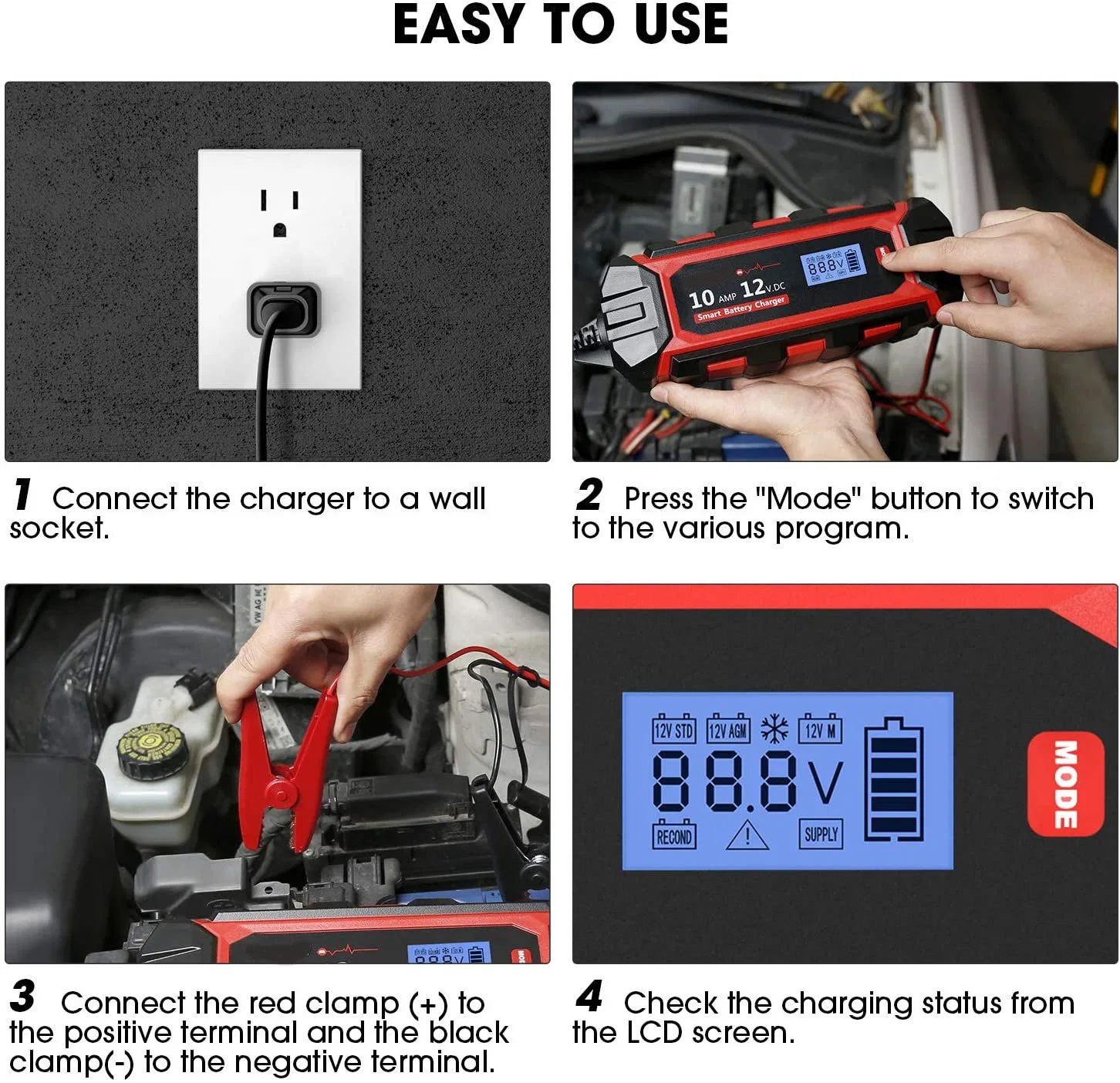 LiFePO 6V 12V 10A Chargeur de batterie de voiture intelligent étanche avec écran LCD.