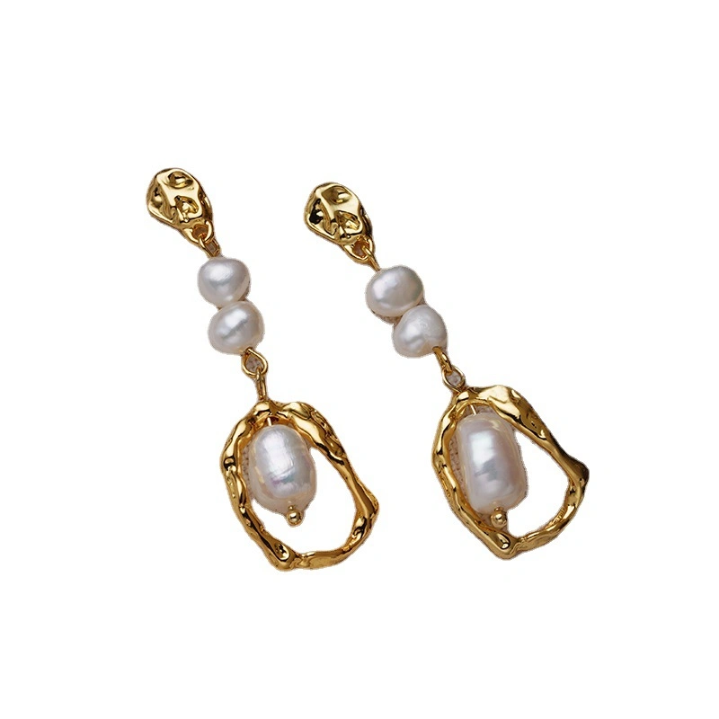 Fine Jewelry 18K Gold Plated Vintage Jewelry Square Pearl Earring Stud for Women Trendy Long Earrings Natural Pearls Earring for Lady